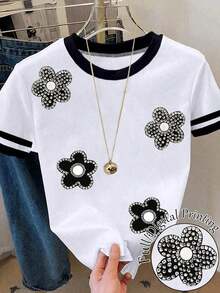Camiseta de manga corta de cuello redondo casual con ribete de contraste para mujer, verano - Multicolor 13 - Ver 5