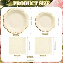 Platos y servilletas s para fiestas de 20 invitados, platos de papel festoneado con borde dorado, elegante juego de vajilla desechable para cumpleaños, baby shower, boda, novia y fiesta - blanco - Ver 3