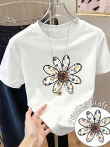 Camiseta de manga corta con estampado para mujer, ropa de primavera, atuendo para festividades, blanca para verano, look playero, estilo rural, atuendo de oficina para mujer. - Blanco - Ver 1