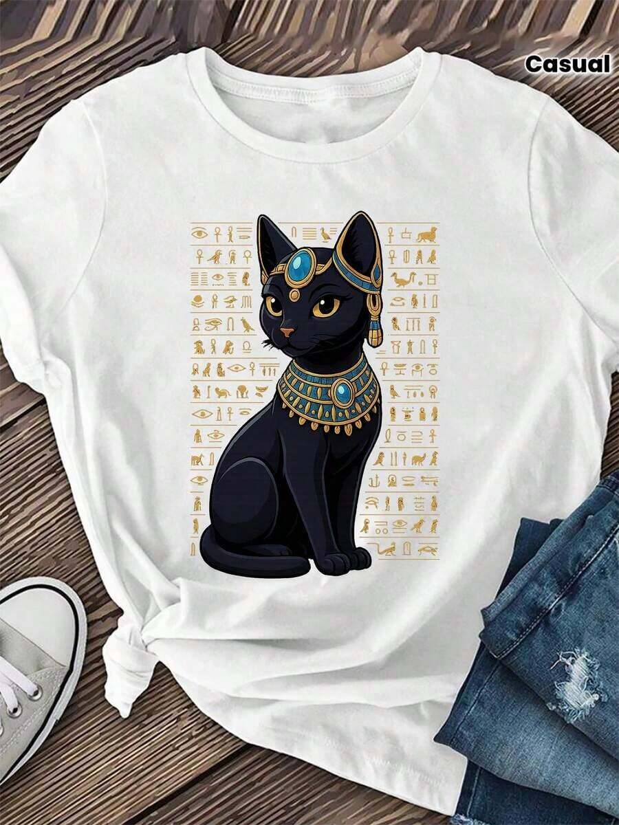Women's Sets 2026 Women's Egyptian Cat Graphic Print Crew Neck T-Shirt, Regular Length Short Sleeve Casual Tops, Fashionable Daily Streetwear, Cool Women's T-Shirts - 白色 - 查看 1