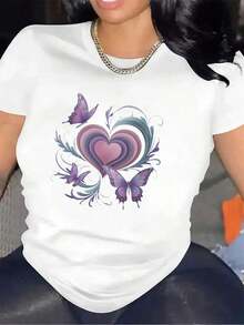 Camiseta de manga corta con diseño de corazón y mariposa, perfecta para uso en el hogar. Hecha de un material duradero y cómodo, es ideal para la sala de estar o el comedor, ofreciendo una opción elegante y ligera para el uso diario. Camiseta casual de talla estándar para mujer, transpirable, ligera y de manga corta. - Blanco - Ver 1