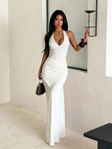 Vestido elegante de fiesta con cuello halter, espalda descubierta y volantes de unicolor - Blanco - Ver 2