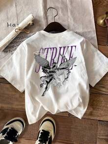 Camiseta de estilo callejero retro hip-hop Y2K para mujer, con estampado de ángel y STRIKE en la espalda, cuello redondo, mangas cortas, combinación de colores blanco, morado y negro, corte regular, top corto casual de primavera/verano, estilo urbano moderno. - Blanco - Ver 8