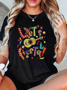 Camiseta con estampado de letras "Let's Fiesta", manga corta y cuello redondo, top casual para verano y primavera, ropa de mujer - Negro - Ver 1