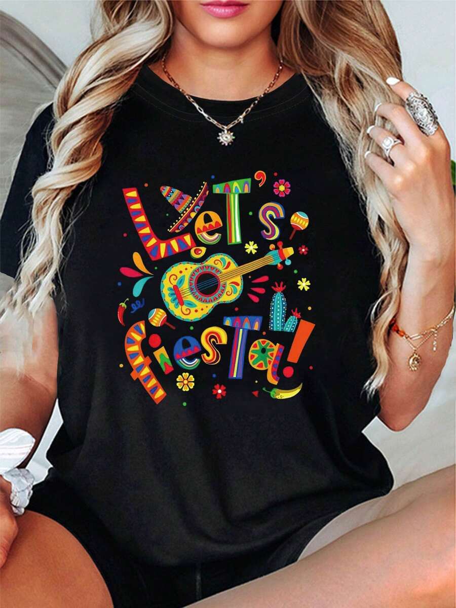 Camiseta con estampado de letras "Let's Fiesta", manga corta y cuello redondo, top casual para verano y primavera, ropa de mujer - Negro - Ver 1