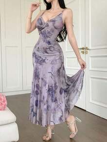 Vestido de verano elegante con estampado floral sin mangas para mujer - Morado - Ver 7