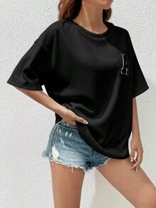 Drop-Sleeve T-Shirt With Summer Letter Patch - Pure-Cotton - Black - View 4