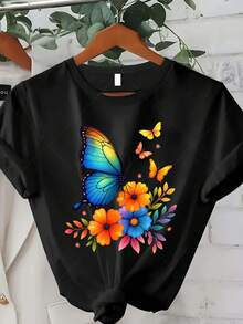 Talla Grande - Talla Grande - Camiseta con estampado de mariposas y flores coloridas, adecuada para mujeres de talla grande, es la elección perfecta para la moda casual de verano.Esta camiseta de manga corta y cuello redondo es perfecta para el verano y el otoño, lo que la convierte en un excelente regalo para el Día de Acción de Gracias y Navidad. Camiseta de Verano Fresca para Mujer - Negro - Ver 6