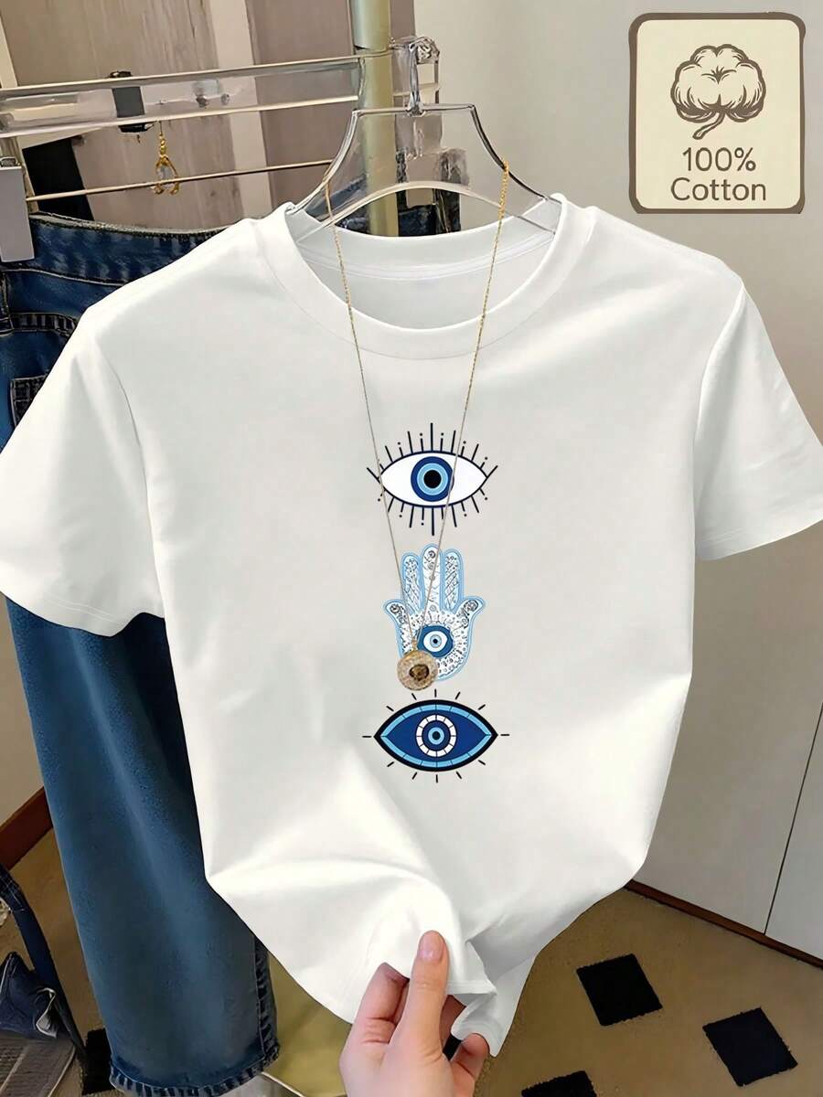 Soft 100% Cotton T-Shirt With Vertically Arranged Turkish Eye And Hamsa Designs, Round Neck, Short Sleeves, Casual Summer Wear, Comfortable And Breathable For Women. Breathable Cotton T-Shirt, Goes With Everything, Great. - 白色 - 查看 1