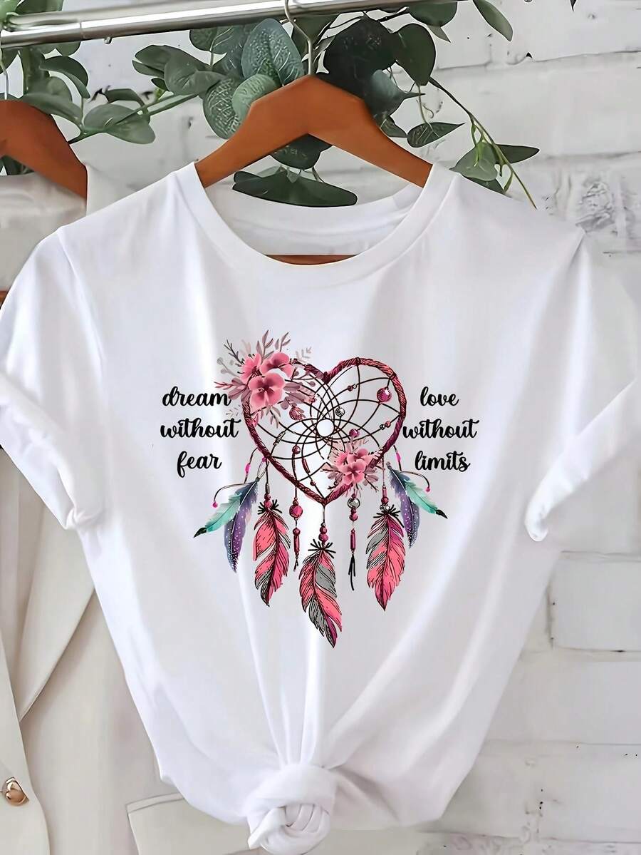 Soft 100%CottonT-ShirtBLANCA Women's T-Shirt With Dreamcatcher Heart Print, Pink Flowers, And Gradient Pink And Greenish-Blue Feathers, Delicate And Eye-Catching DesignBreathable Cotton Tee, All Matchcool - 白色 - 查看 1