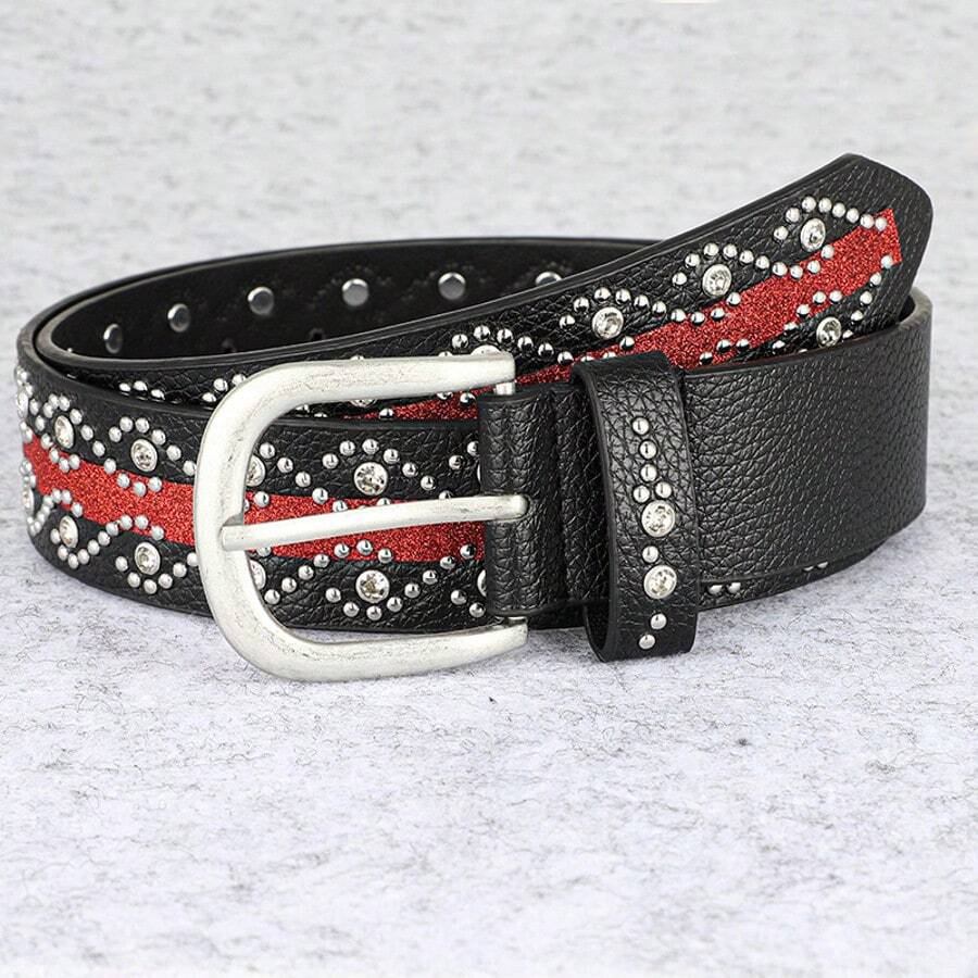 Retro Wide Belt, Fashion Shiny Rhinestone Rivet Decor Leather Belt, Versatile For Dresses, Jeans, Waist Cincher - Black and Red - View 1