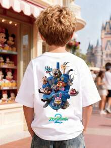 Disney Zootopia Cartoon Front And Back Prints, Casual Cotton Short Sleeved Tops, Boys' And Girls' Birthday Party/Photo Specific T-Shirts, Soft Cotton Children's Summer Casual Tops, Disney Official Star Treasure, Cotton Summer Boys' And Girls' Short Sleeved Shirts, Suitable For Daily Wear, Vacation, Outdoor Activities, And Can Also Be Used As Children's Gifts. - trắng - Xem 3