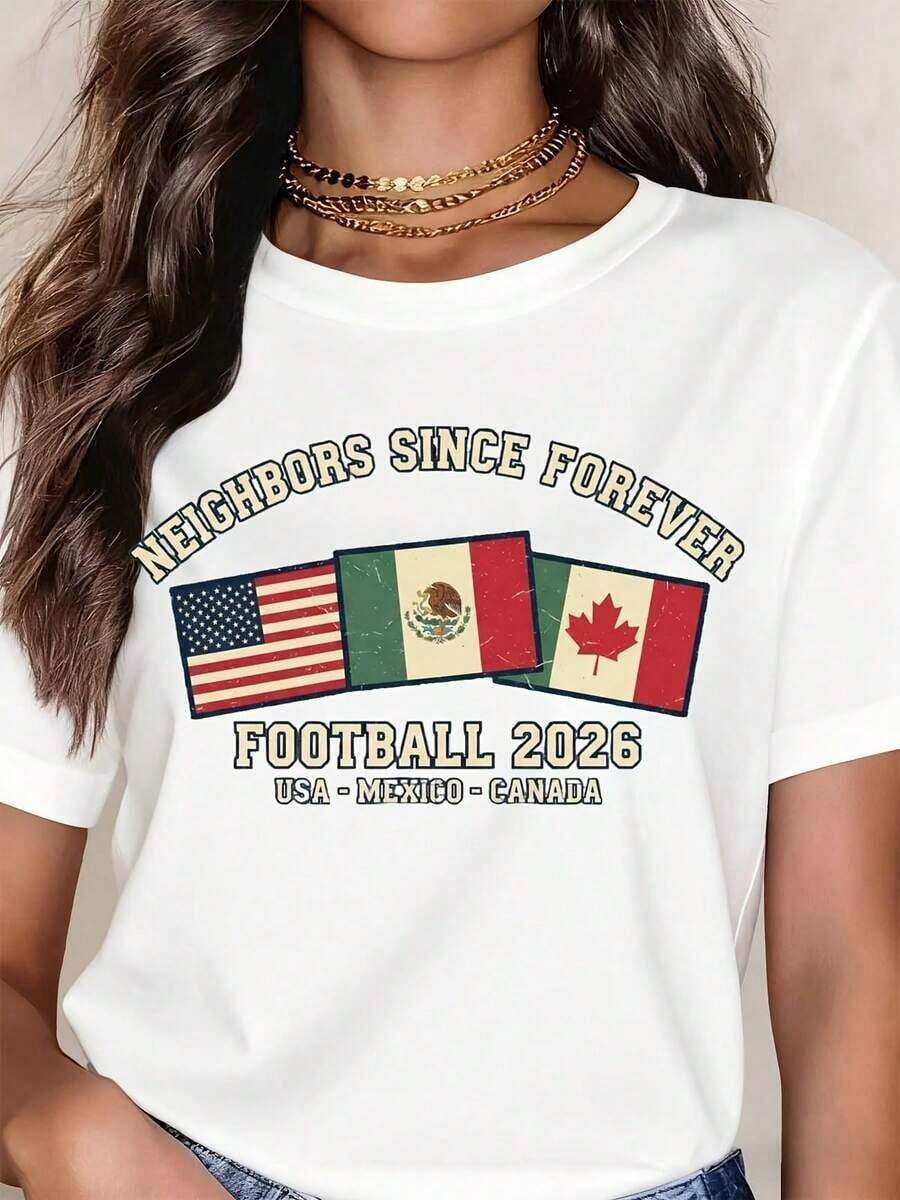 Camiseta de Mujer Neighbors Since Forever Fútbol 2026 Usa México Canadá Casual, Cuello Redondo, Manga Corta, Perfecta para Regalo de Cumpleaños, Adecuada para Usar en Todas las Temporadas, para Uso Diario al Aire Libre - Blanco - Ver 1