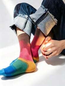 1-3 Pairs Contrast Color Artistic Mid-Calf Socks, Personalized Graffiti / Gradient Design, Versatile Retro Contrast Wave Pattern Mid-Calf Socks, Niche Design Colorful All-Season Socks, Casual Versatile Couple Style - Multicolor - View 2