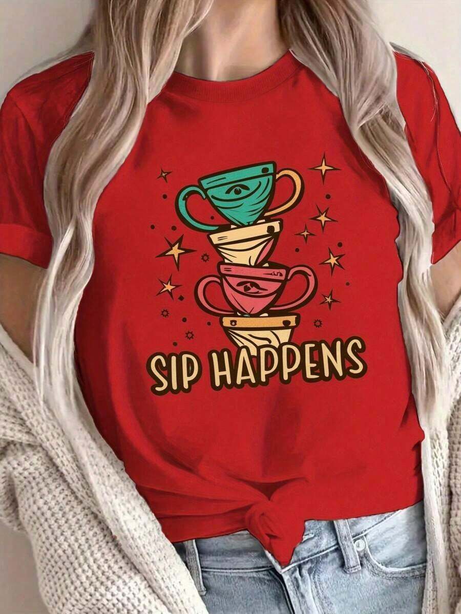 Nueva Camiseta Casual de Verano para Mujer, GraphicTees Coffee Uncertainty, ajuste cómodo, 100% algodón - Estilo Vintage Urbano Unisex, Camiseta de Manga Corta de Algodón Suelto con Cuello Redondo - Rojo - Ver 1