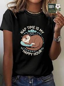 Camiseta cómoda de algodón puro para mujer Otter Sleep - Negro - Ver 7