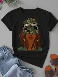 Unbotheredblackwoman Women's Locs Camouflage Crew Neck T-Shirt, Casual Summer Tee | Basic Short Sleeve Crew Neck T-Shirt | Soft And Breathable Sportswear Fabric | Black/White | Holiday Set - 黑色 - 查看 2