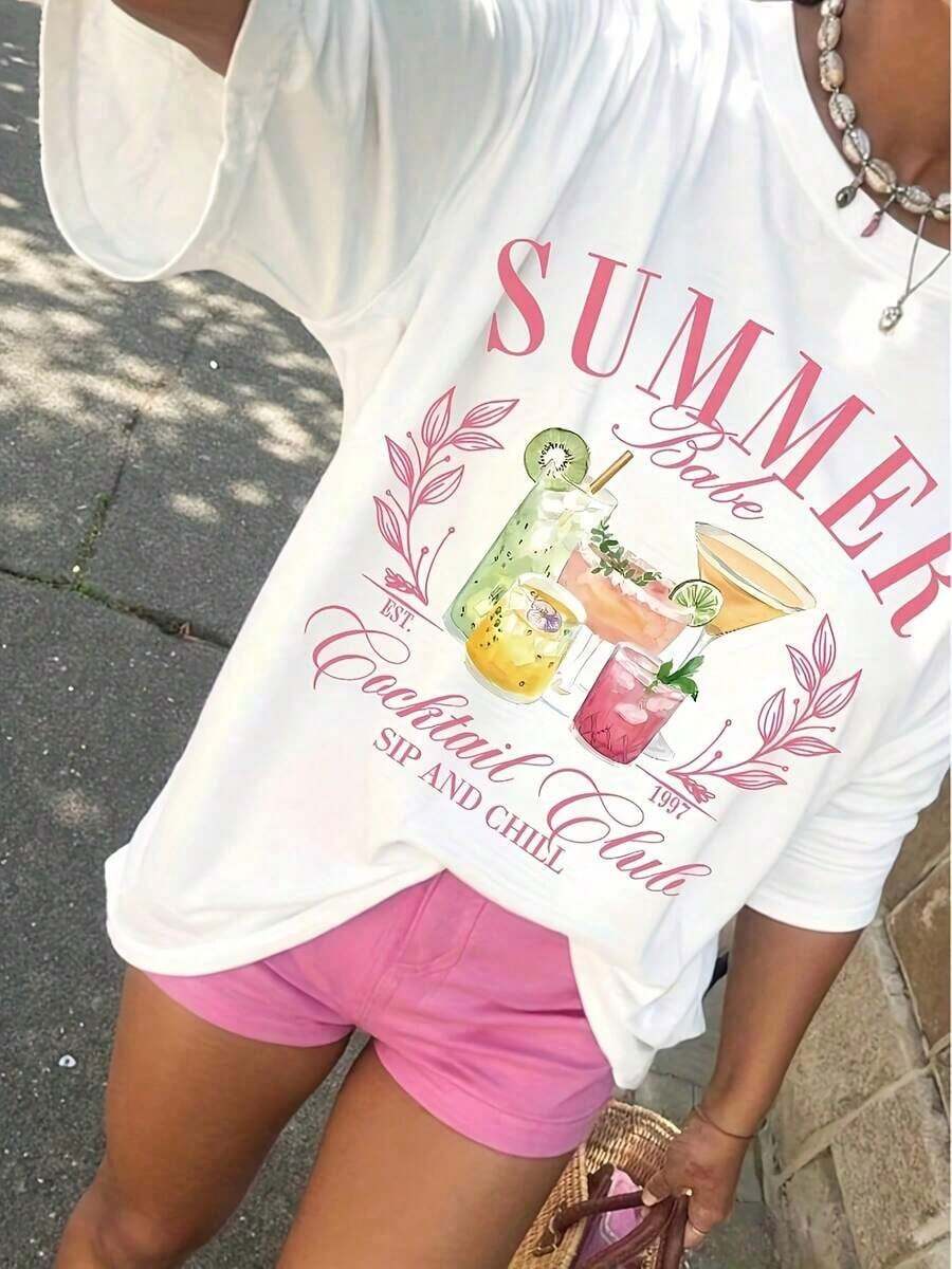 Camiseta Casual de Verano para Mujer - Mezcla Elástica de algodón-Spandex, Cuello Redondo Lavable a Máquina con Estampado Summer Socials e Ilustraciones de Bebidas, Ideal para Primavera, Verano y Otoño, Top Cómodo para Salidas Informales - Blanco - Ver 1