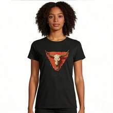 Linda Camiseta de Algodón para Mujer, Manga Corta, Cuello Redondo, Corte Regular, con Gráfico de Calavera de Estilo Country Occidental, Camiseta Fresca de Verano, Estilo Unisex - Negro - Ver 3