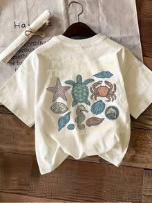 Camiseta de edición limitada con estampado gráfico, manga corta, cuello redondo, top casual para verano y primavera, ropa de mujer, algodón ligero. - Albaricoque - Ver 12