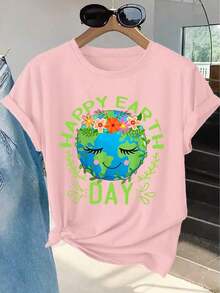 Women's Short-Sleeved T-Shirt With An Earth Print, Crew Neck, Machine Washable, Soft To The Touch, Breathable, Suitable For Spring, Summer, And Autumn. Friendly, Unique, Casual, For Everyday Wear, Easy To Match, Women's Top, Sizes S-XXL. Suitable For Many Occasions, Such As Charity Events, Nature Excursions, Etc. Unisex Loose-Fitting Cotton Short-Sleeved Crew Neck T-Shirt With An Urban Vintage Style - 杏色 - 查看 10