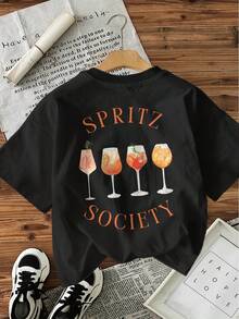 Limited Edition Women's Casual Short Sleeve Crew Neck T-Shirt - SPRITZ SOCIETY Graphic Print On Both Sides With Tail Illustrations, Olive Green, Machine Washable, All Season Comfort, Women's T-Shirts, Summer Top, Fun Design, Non-See-Through Fabric, Lightweight Cotton - 黑色 - 查看 1