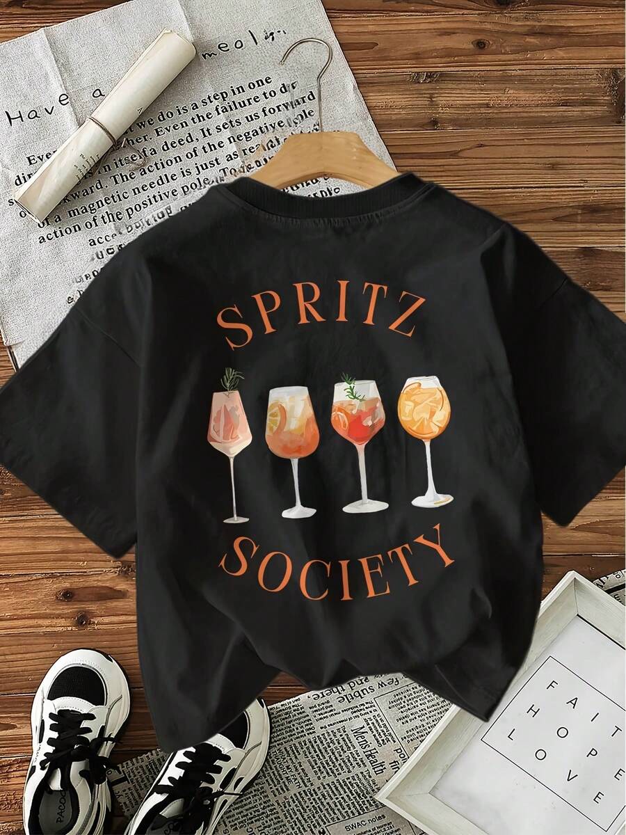 Limited Edition Women's Casual Short Sleeve Crew Neck T-Shirt - SPRITZ SOCIETY Graphic Print On Both Sides With Tail Illustrations, Olive Green, Machine Washable, All Season Comfort, Women's T-Shirts, Summer Top, Fun Design, Non-See-Through Fabric, Lightweight Cotton - 黑色 - 查看 1