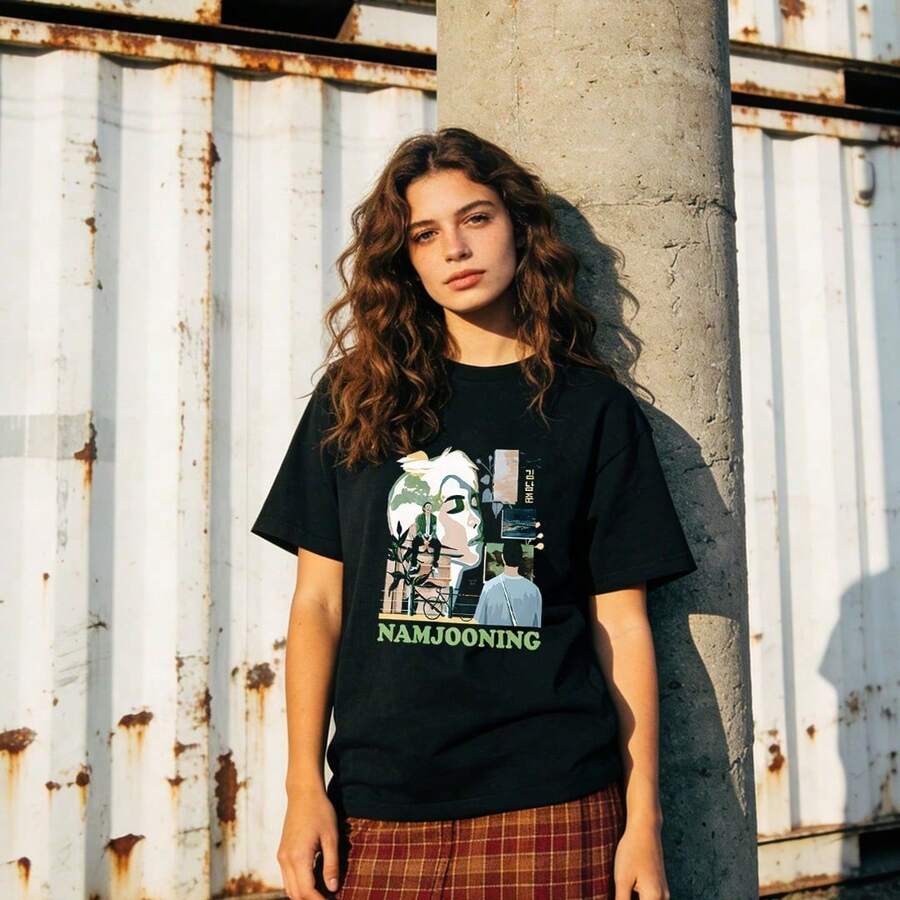 Ropa de Verano para Mujer, Camiseta de Algodón Suave Casual con Cuello Redondo, Estampado de Letras de Anime Namjooning. Negro. - Blanco - Ver 1