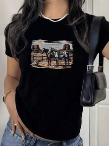 FashionNEWCamiseta de mujer con diseño de caballos salvajes al atardecer,prenda casual y cómoda,ideal para un look moderno y relajado.-Vintage Street Style Unisex Loose Cotton Short Sleeve Crew Neck T-Shirt - Negro - Ver 6