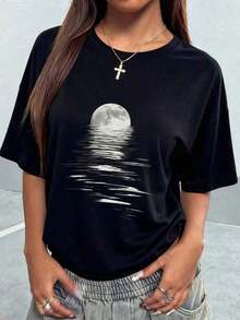 1 Piece Of Plus-Size T-Shirt For Everyday Wear, Summer 2026 Collection, 1 Piece Of Short-Sleeved T-Shirt With A Round Neck, Loose Fit, Casual, With A Simple Slogan Print, New Summer Collection For Women,  T-Shirt For Everyday Wear, Suitable For Daily Wear And Vacations. Women's T-Shirt. Soft Cotton, Sizes: Free Shipping, Within 24 Hours. Round Neck, 100% Cotton, Soft Fabric, Short Sleeve - 黑色 - 查看 3