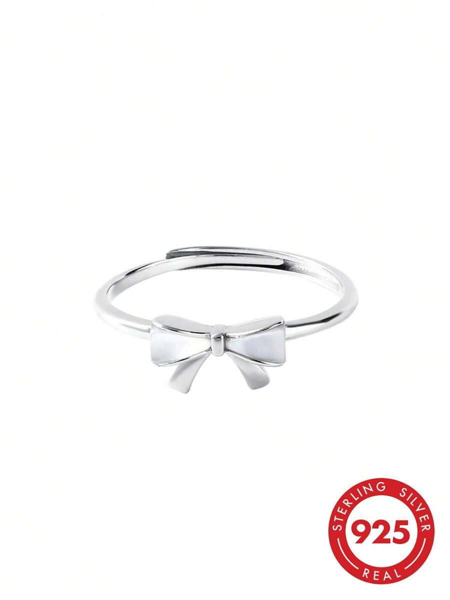 1 Pc 925 Sterling Silver Shell Bow Adjustable Ring, Dainty White Mother Of Pearl Bowknot Open Ring, Hypoallergenic Jewelry For Women - Silver - View 1