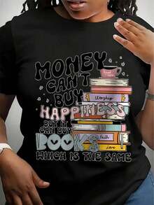 Pullover T-Shirt With Book And Letter Print, Casual Short-Sleeved Round Neck T-Shirt For Autumn And Winter, Women's Clothing - 黑色 - 查看 6