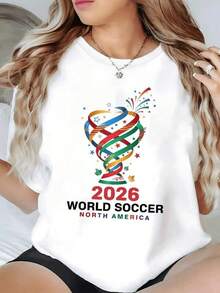 Figura colorida que representa la unión de culturas de América del Norte con formas de cintas entrelazadas estrellas y hojas simbolizando energía diversidad y celebración 2026 camiseta de mujer casual moderna cómoda para verano - Negro - Ver 1