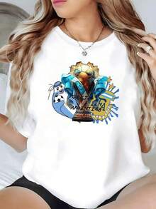 Trofeo dorado con cintas celestes que simboliza la pasión del fútbol sudamericano acompañado por emblemas de orgullo argentino y energía deportiva camiseta de mujer casual cómoda para uso diario - Negro - Ver 6
