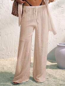 Pantalones anchos de verano para mujer con cintura anudada y unicolor - Caqui - Ver 4