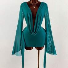 Romantic Vacation Earthy Tone Low-Cut Draped Collar, Flared Sleeves, Bodycon Mini Dress Bell Sleeves - Rosa - Ver 2