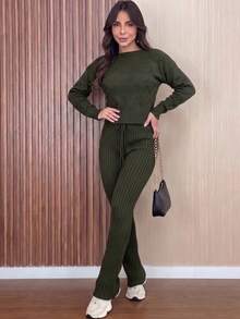 Women's Ribbed Knit Set: Long-Sleeved Blouse With Heart Details, High-Waisted Pants With Adjustable Drawstring, Casual Autumn/Winter Knitwear - Rỉ Nâu - Xem 6