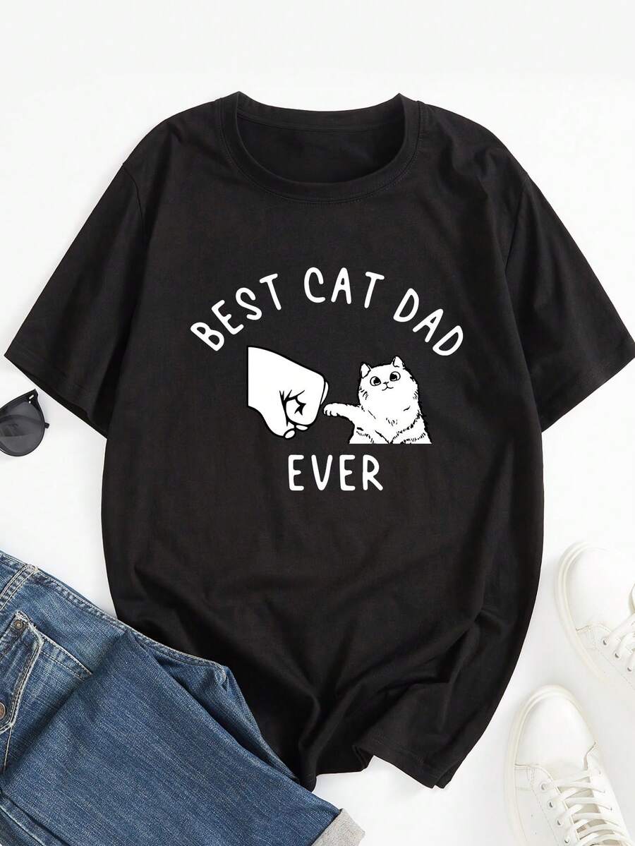 Allseason Wear, "Best Cat Dad Ever" – Men's Black T-Shirt – 100% Cotton, Comfortable Short-Sleeve Crew Neck T-Shirt With Graphic Print, Ideal For Casual Wear And Sports. - Black - View 1