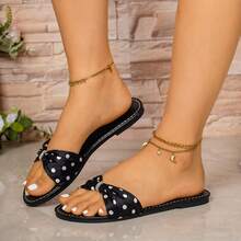 2026 Summer New Fashion Comfortable Versatile Black And White Polka Dot Satin Rhinestone Square Toe Women's Flat Sandals, Casual Outdoor Daily Date Holiday Travel Banquet Party Shoes - Black - View 3