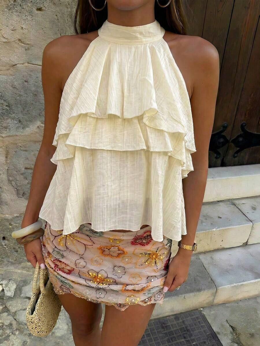Blusa de gasa con volantes asimétricos y cuello suelto - Albaricoque 2 - Ver 1