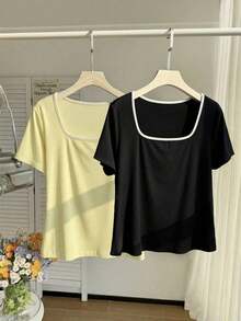 Set de 2 camisetas casuales de mujer con cuello cuadrado y manga corta, ajustadas y sexys, adecuadas para el verano - Multicolor 2 - Ver 3