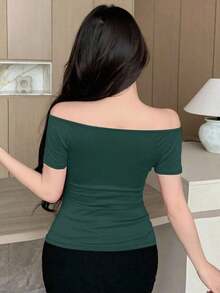 Camiseta de mujer de manga raglán con cuello de corazón de unicolor para salir - Verde - Ver 3