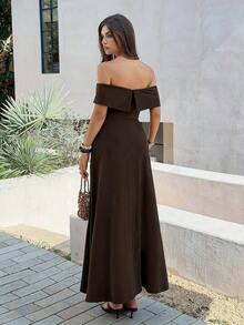 Vestido de mujer de unicolor con hombros descubiertos, nuevo vestido largo elegante y ajustado sin espalda para fiestas, uso diario y citas - Marrón - Ver 2