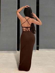 Vestido largo de uso diario con tiras cruzadas sencillas y liso para mujer - Marrón Chocolate - Ver 2