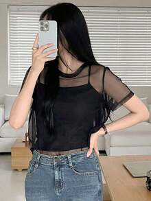 Blusa de mujer de unicolor con cuello redondo, manga corta de malla, top de salida de verano transparente - Negro - Ver 6