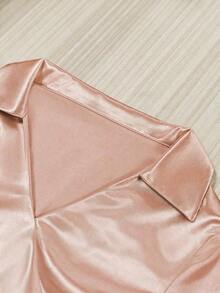 de verano elegante para mujer con cuello en V, mangas cortas y drapeado, unicolor, top de satén blanco para fiestas, salidas a la playa y eventos - Rosa - Ver 3