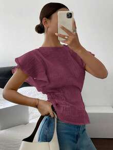 Blusa de mujer de cuello redondo liso, con mangas con volantes y cintura ceñida - Burdeos - Ver 8