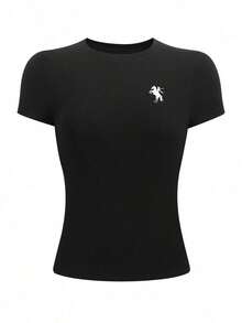 Camiseta casual de manga corta y cuello redondo ajustada para mujer, color café - Negro 2 - Ver 3