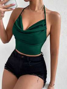 Top halter de cuello con fruncido de espalda abierta con cordón - Verde Oscuro - Ver 9