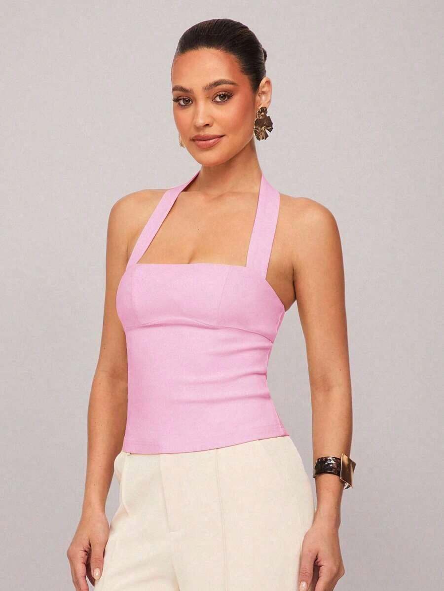 Camiseta de mujer de unicolor con cuello de halter ajustado - Rosa Pálido - Ver 1